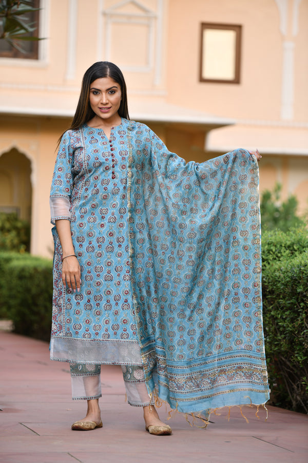 Stylish Sky Blue Handblock Suit In Lace Detail With Chanderi Silk Dupatta