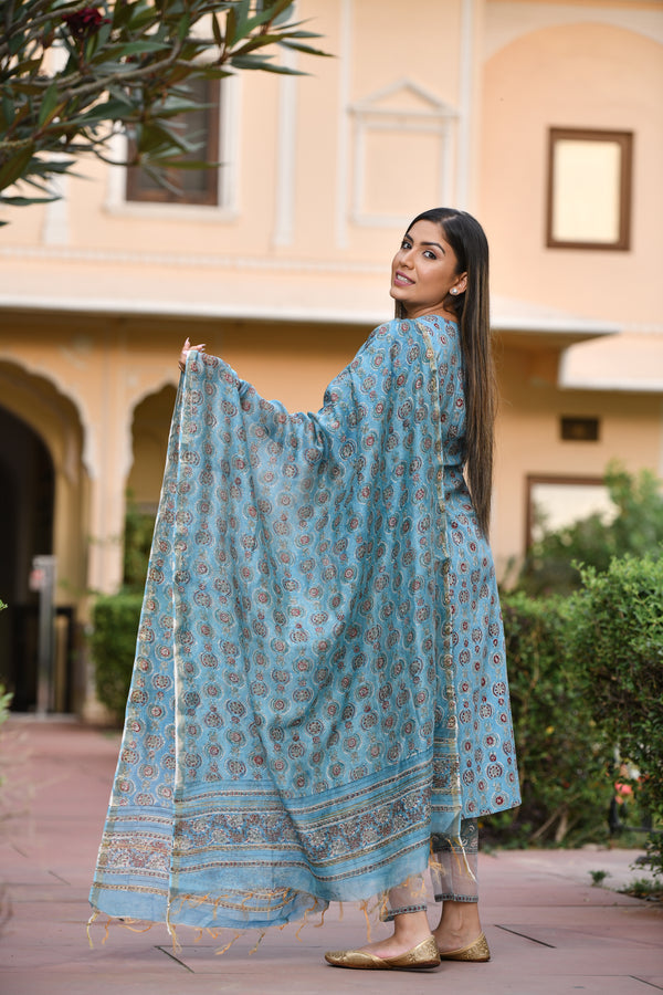 Stylish Sky Blue Handblock Suit In Lace Detail With Chanderi Silk Dupatta