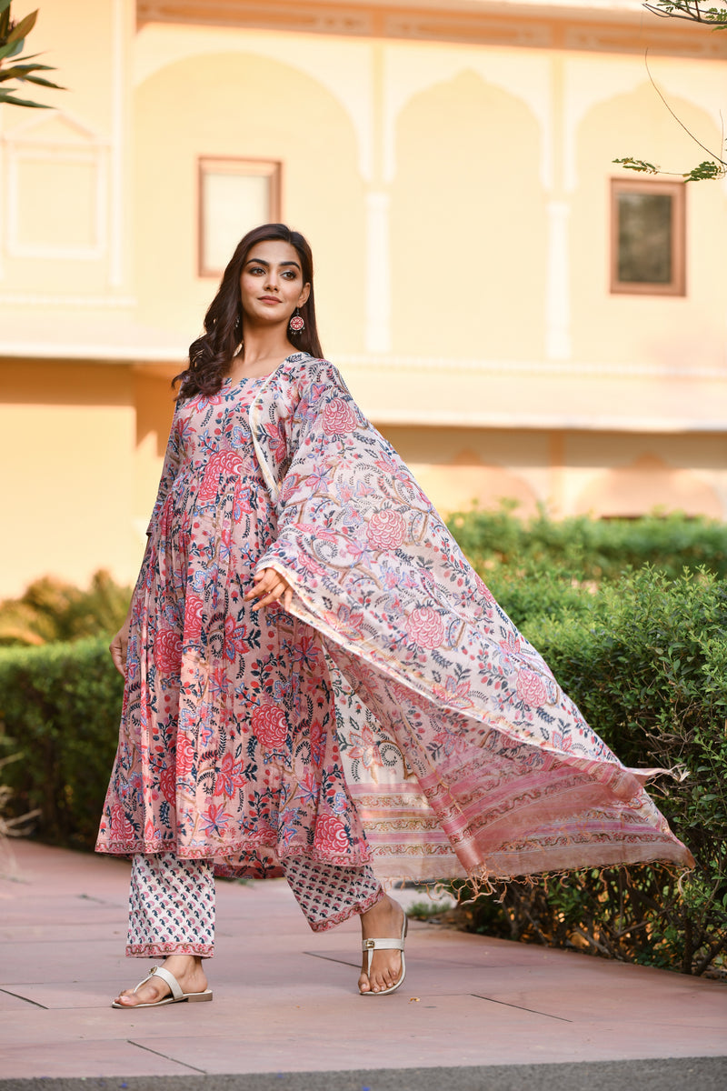Almond Pink Floral Handblock Suit set