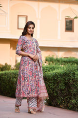 Almond Pink Floral Handblock Suit set