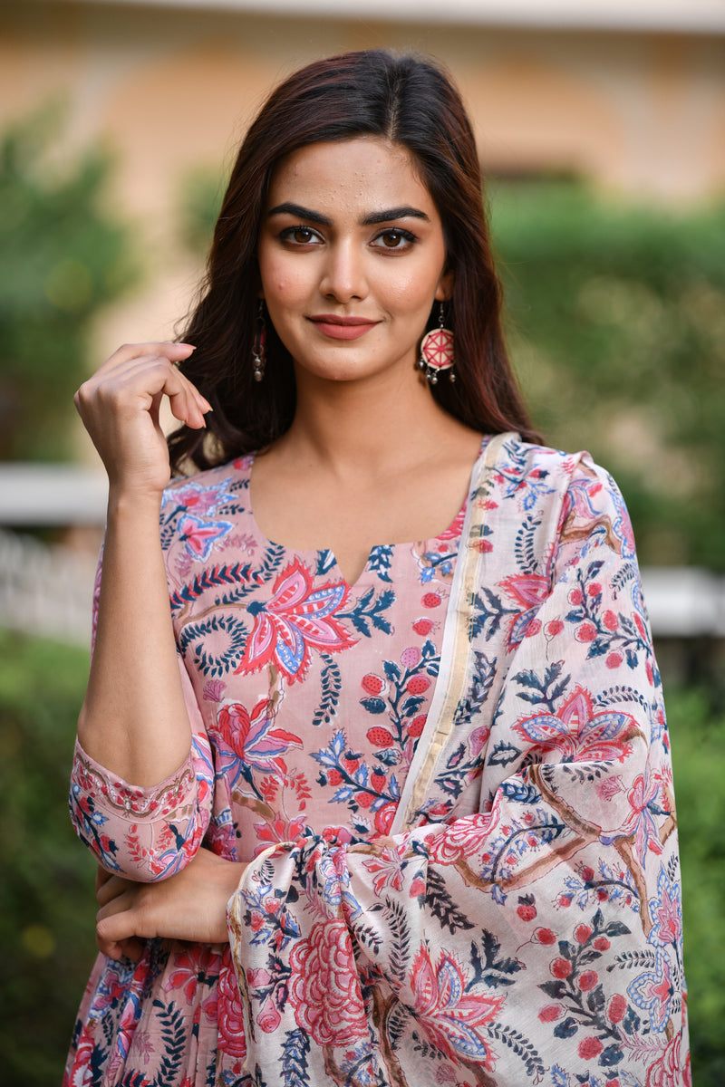 Almond Pink Floral Handblock Suit set
