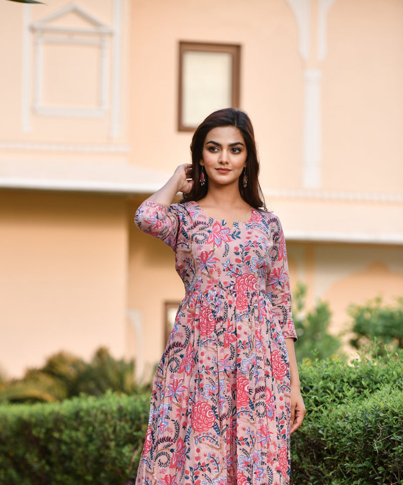 Beautiful Gather Floral Handblock print Cotton Kurta Only