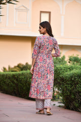 Beautiful Gather Floral Handblock print Cotton Kurta Only