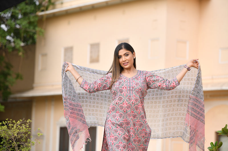 Pinkish Floral Handblock Kotadoriya Dupatta Suit Set