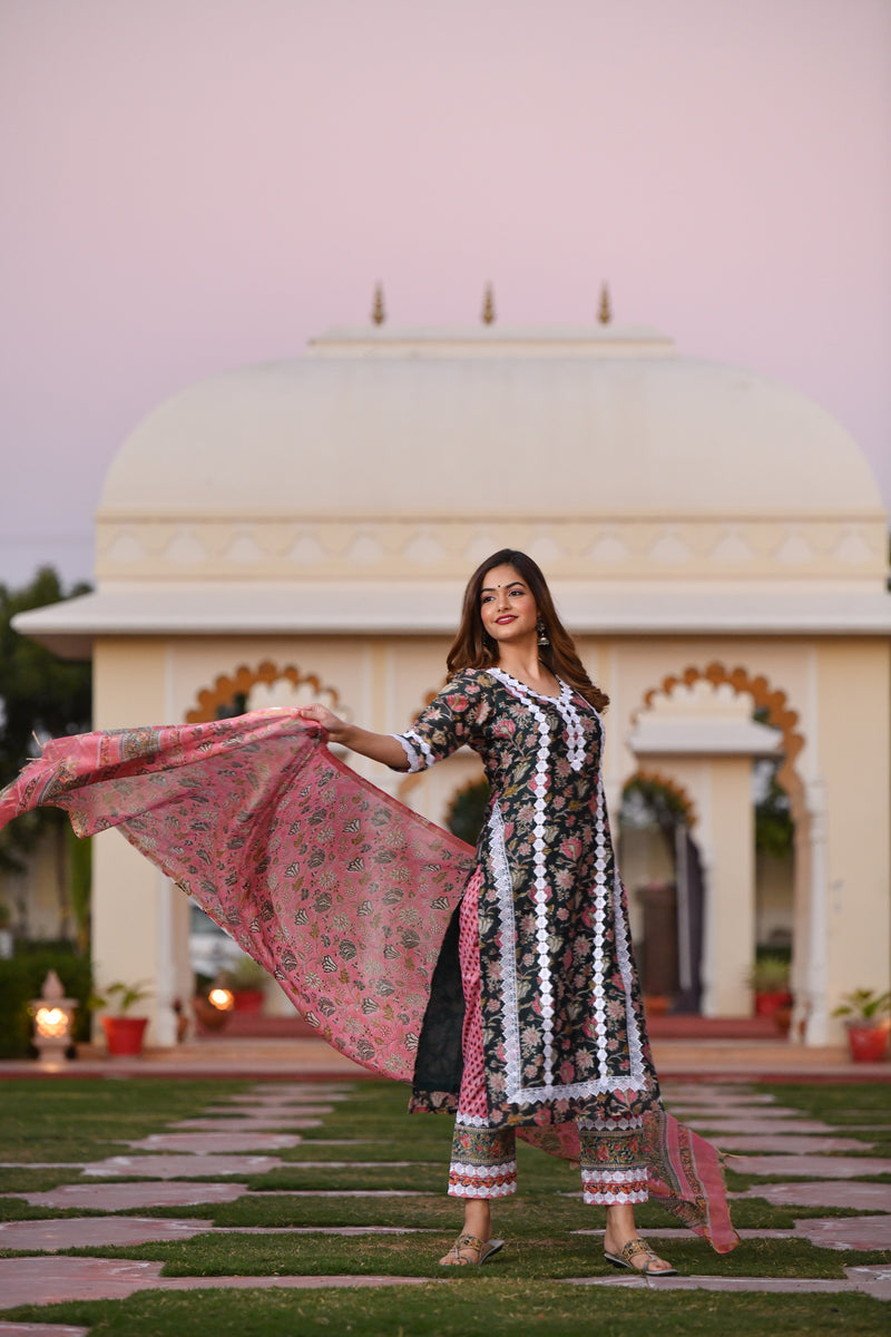 A Multi-Colour Wave Of Handblock Chanderi Silk suit Set