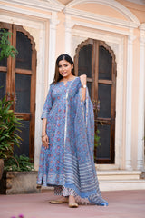 Rani Gher Blue Handblock Suit With Gota Work & Kota Doria Dupatta