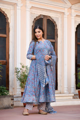 Rani Gher Blue Handblock Suit With Gota Work & Kota Doria Dupatta