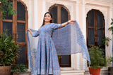 Rani Gher Blue Handblock Suit With Gota Work & Kota Doria Dupatta