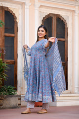 Rani Gher Blue Handblock Suit With Gota Work & Kota Doria Dupatta