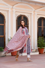 Red Blossoms Lace Handblock with chanderi duptta Suit Set