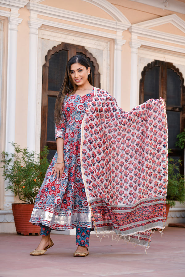 Red Blossom Anarkali Full Gher Suit With Silver Gota Work And Chanderi Silk Dupatta