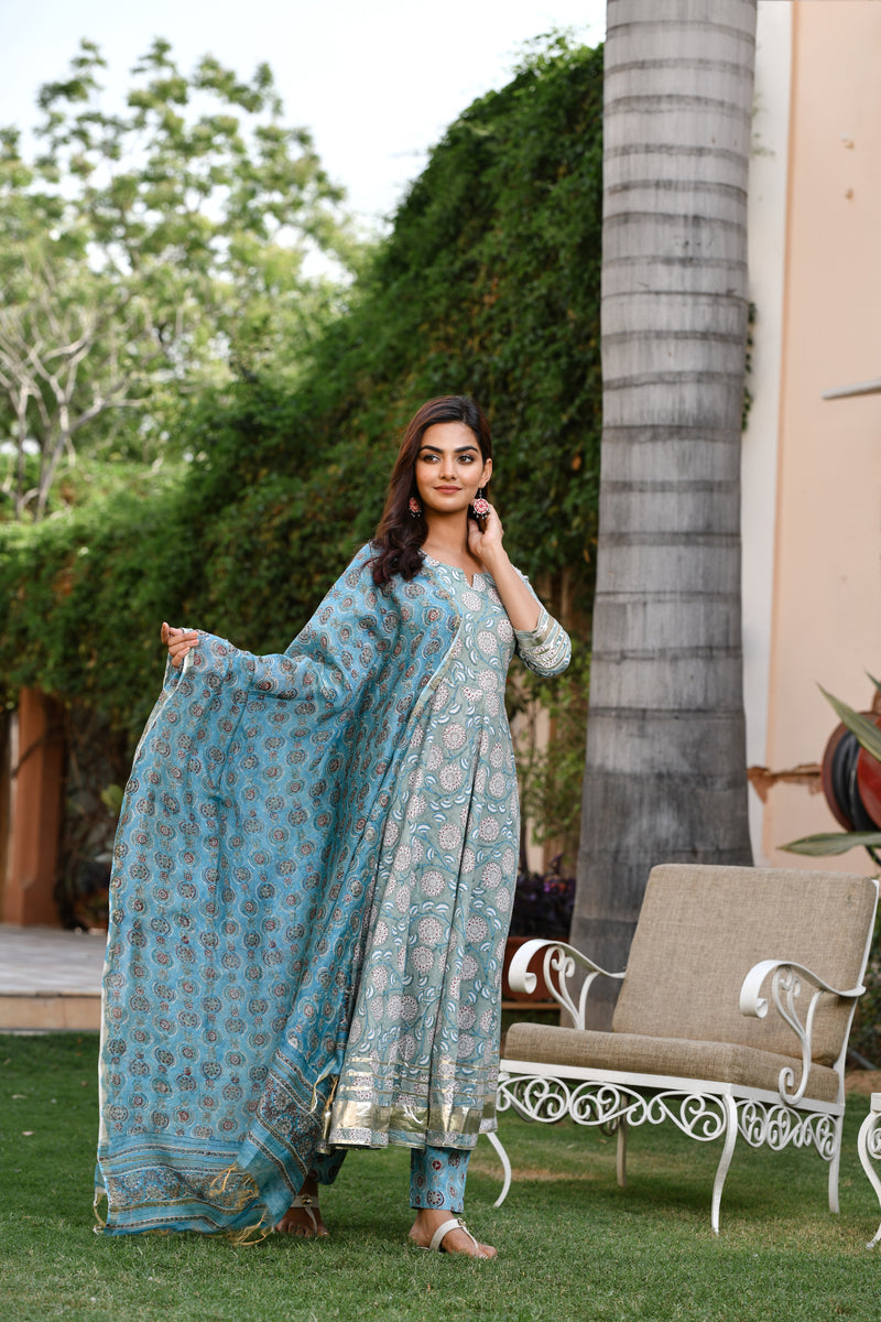 Misty Green And Blue Handblock Gher Suit With Chanderi Silk Dupatta