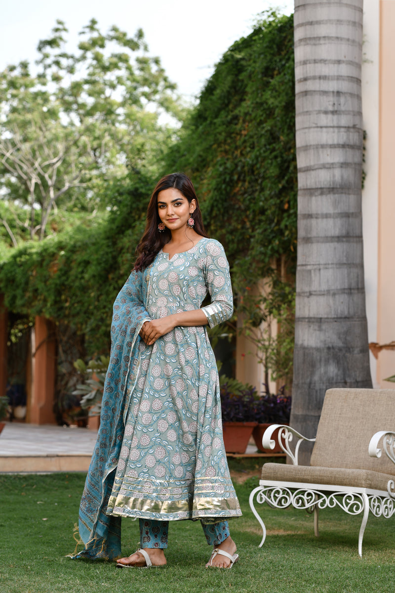 Misty Green And Blue Handblock Gher Suit With Chanderi Silk Dupatta