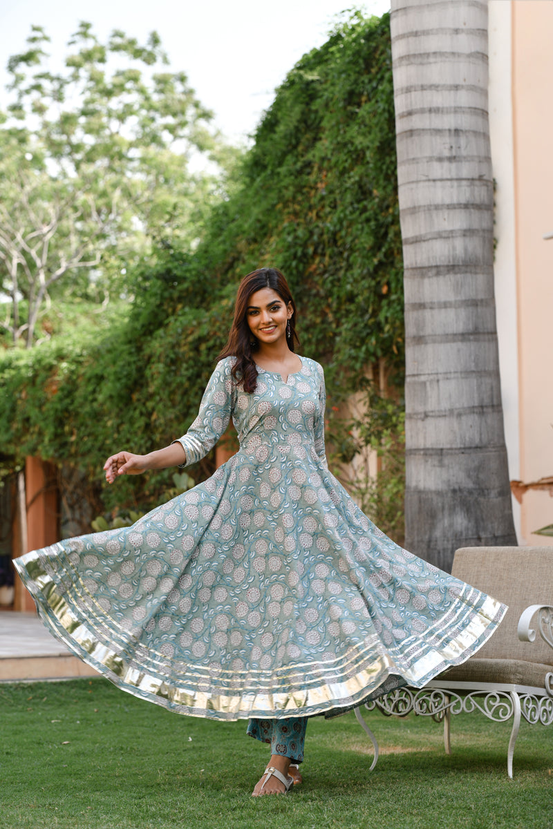 Misty Green And Blue Handblock Gher Suit With Chanderi Silk Dupatta