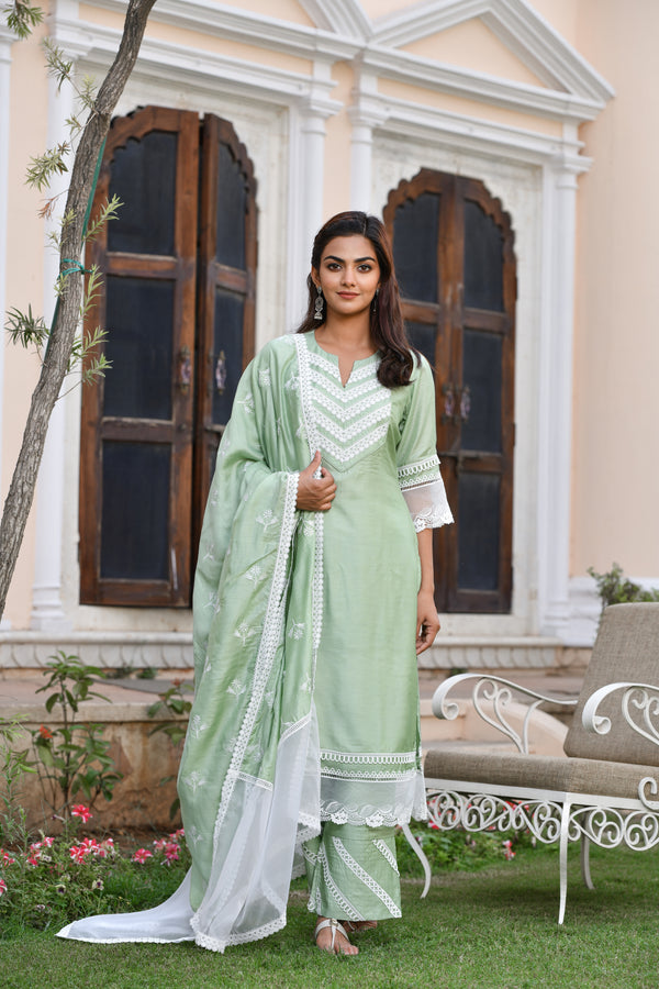 Gorgeous Green Silk Suit set with Lace detail & Embroidered Dupatta