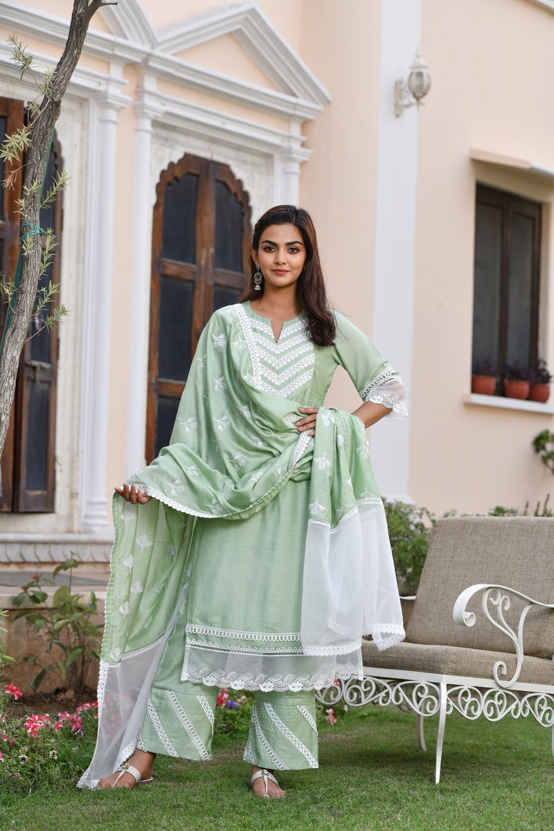 Gorgeous Green Silk Suit set with Lace detail & Embroidered Dupatta