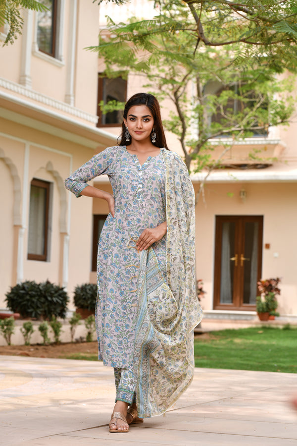 Pastel Blue Florals Handblock Straight Fit Suit Set With Chanderi Silk Dupatta