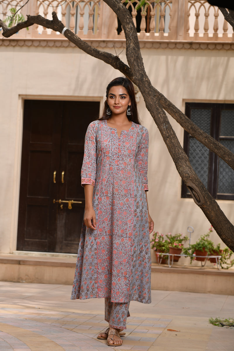 Pastel Bluish Grey with Contrast Pink Floral Handblock Kurta with Pant Only