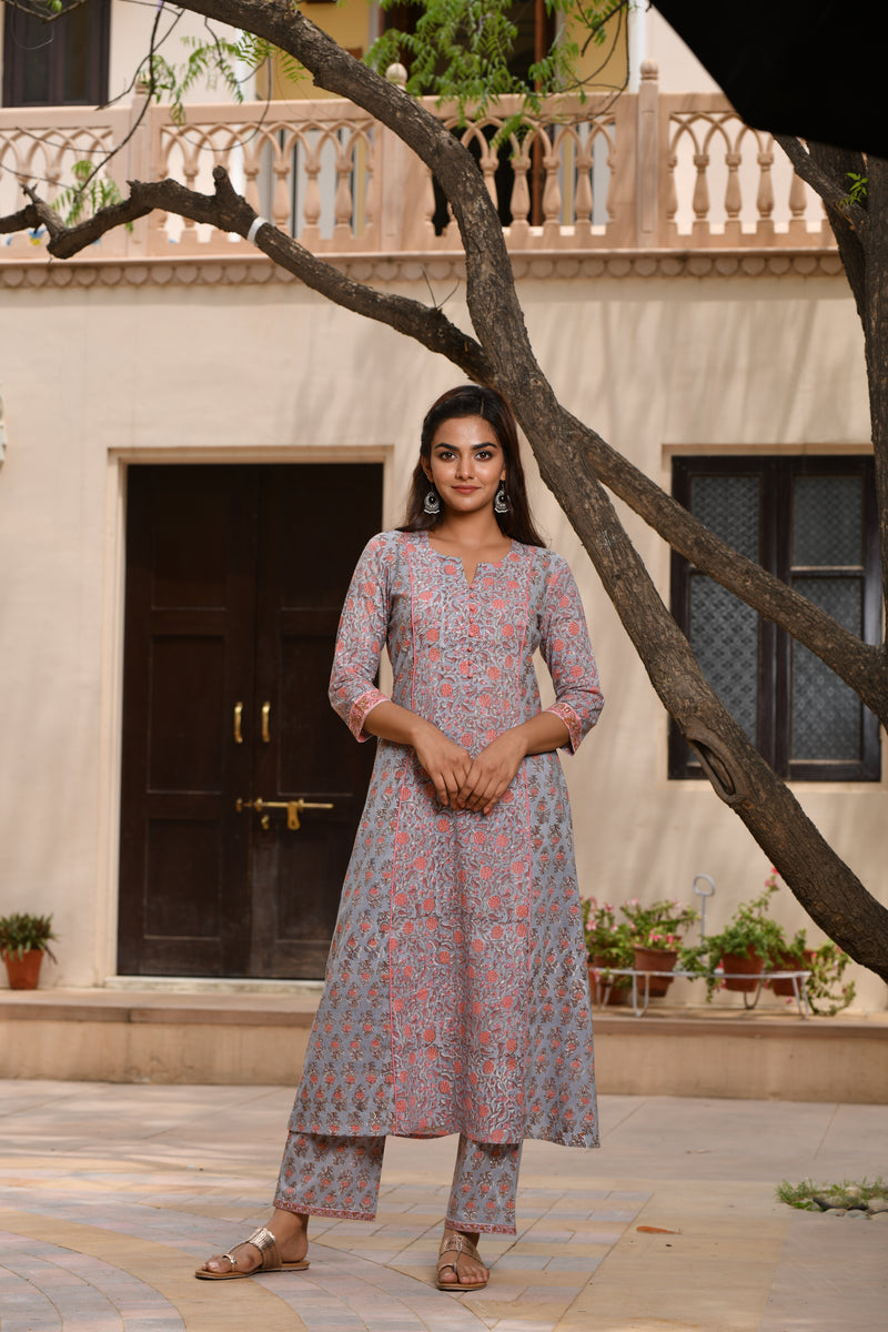 Pastel Bluish Grey with Contrast Pink Floral Handblock Kurta with Pant Only