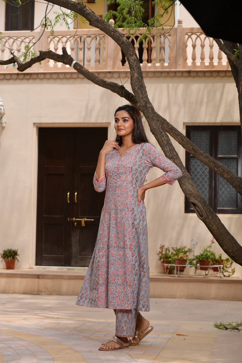 Pastel Bluish Grey with Contrast Pink Floral Handblock Kurta with Pant Only