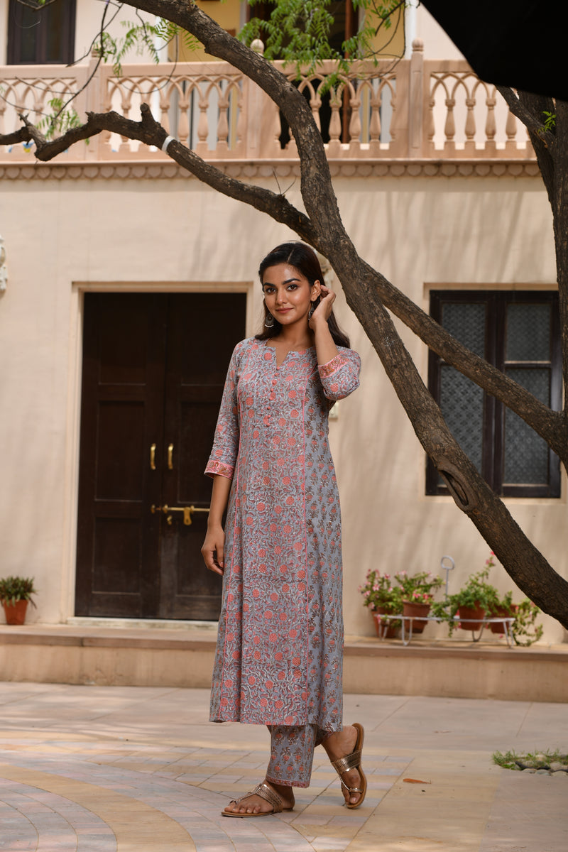 Pastel Bluish Grey with Contrast Pink Floral Handblock Kurta with Pant Only