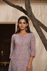 Pastel Bluish Grey with Contrast Pink Floral Handblock Kurta with Pant Only