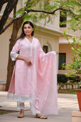 Baby Pink Solid Silk Suit Set With Organza, Embroidery And Lace Detailing