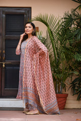 Bluish Grey with Contrast Pink Floral Handblock Anarkali Style Suit With Chanderi Silk Dupatta