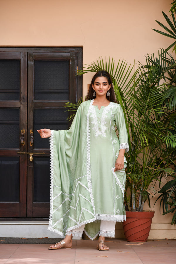 Pista Green Lace Silk Suit Set
