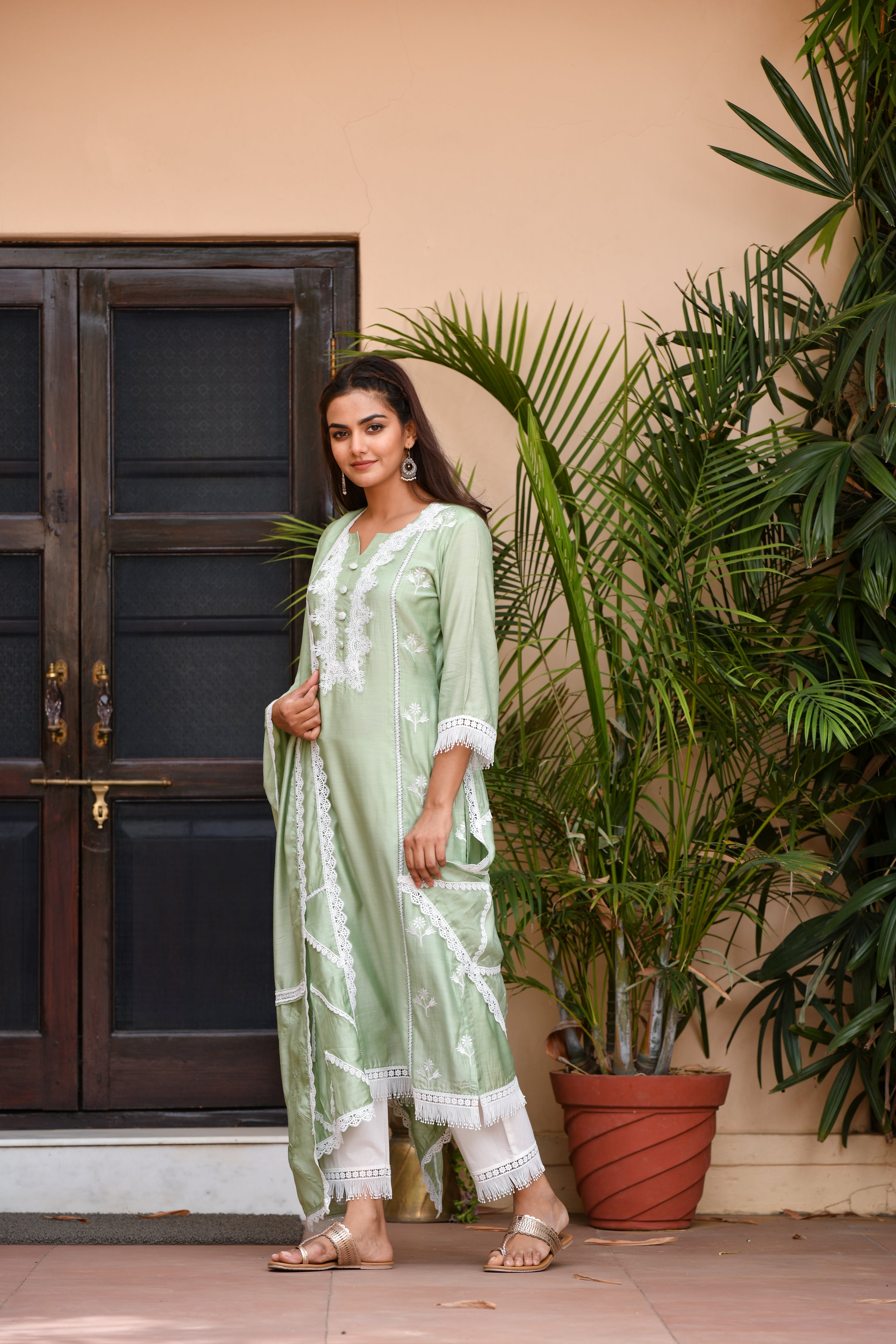Pista Green Crepe Silk Embroidered & Sequins Work Suit Set with Matching Dupatta and Bottom