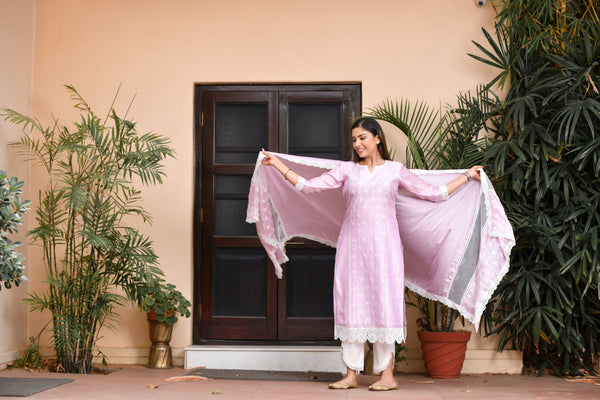 Lavender Lace & Embroidery Silk Suit Set