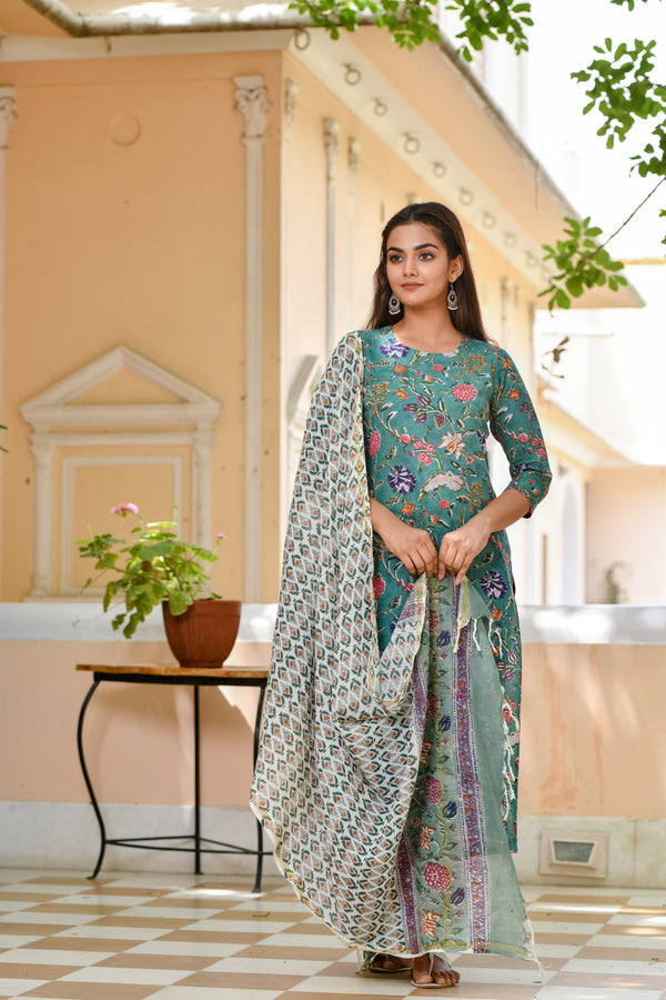 Nature Inspired Floral Handblock Straight Fit With Geometric Cotton Dupatta