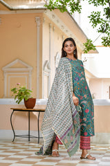Nature Inspired Floral Handblock Straight Fit With Geometric Cotton Dupatta