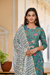 Nature Inspired Floral Handblock Straight Fit With Geometric Cotton Dupatta