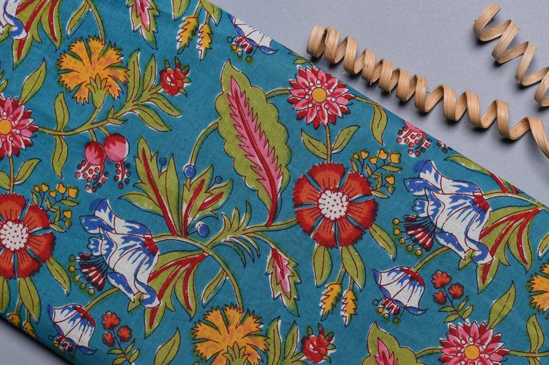 OCEAN BLUE FLORAL PURE COTTON FABRIC (WIDTH 44 INCHES)