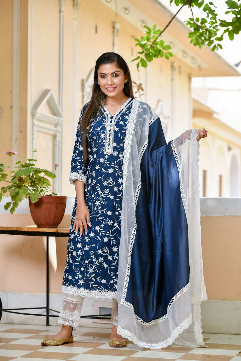 Berry Blue Embroidered Lace Silk Suit Set