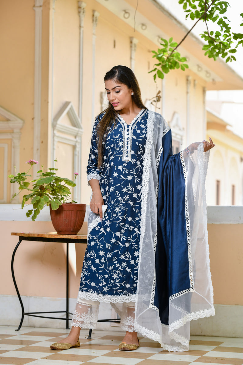 Berry Blue Embroidered Lace Silk Suit Set