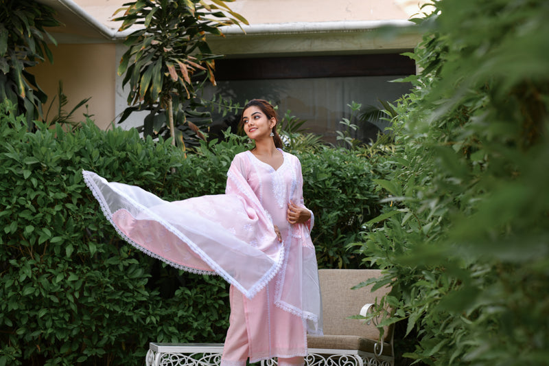 Pinkish Lace Embroidered Silk Suit Set