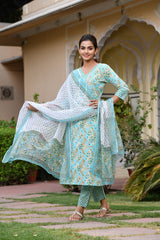 Arctic Blue Cotton Suit Set With Minimal Lace Detail And Kotadoria Dupatta