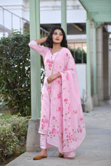 Panache Pink Straight Fit Handpainted Silk Suit Set
