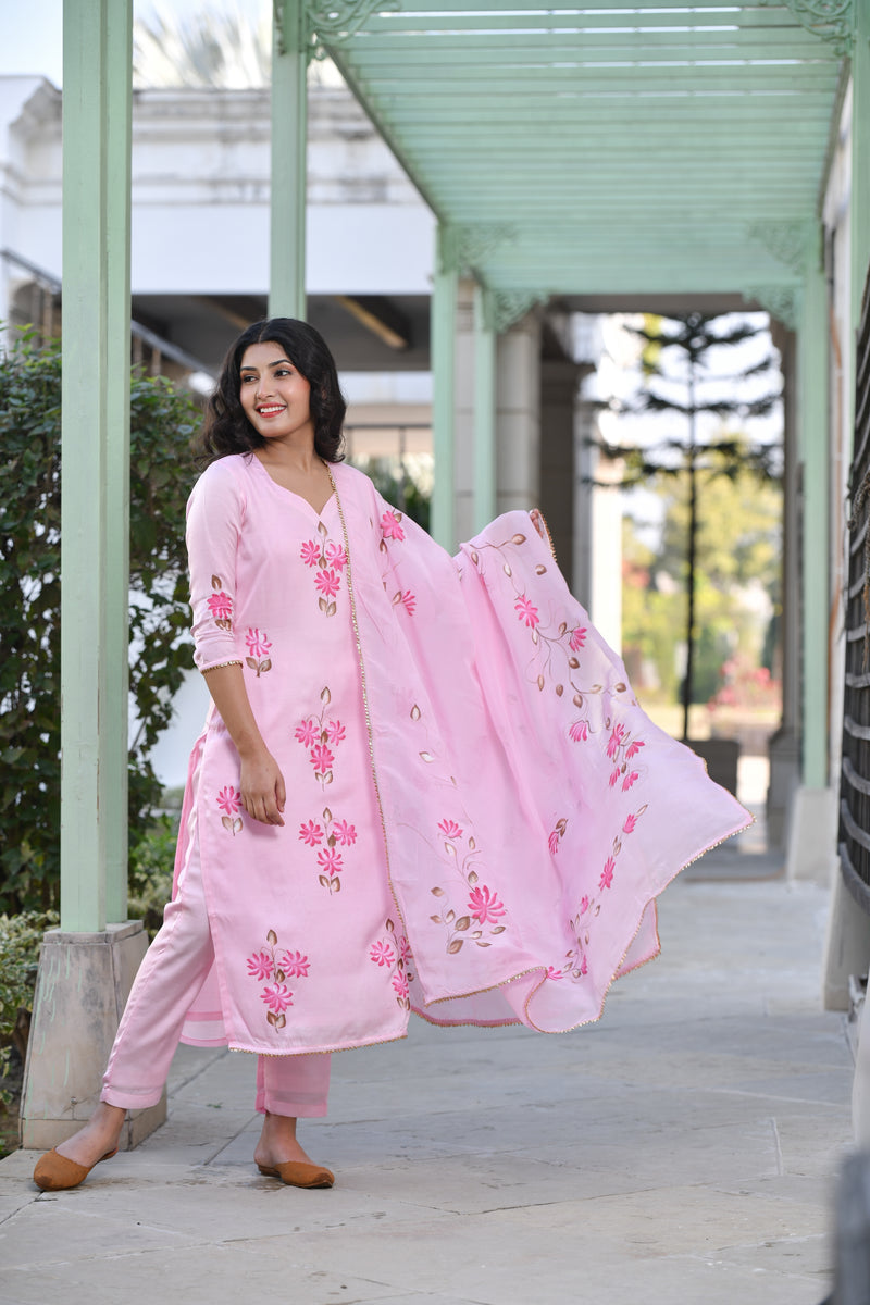 Panache Pink Straight Fit Handpainted Silk Suit Set