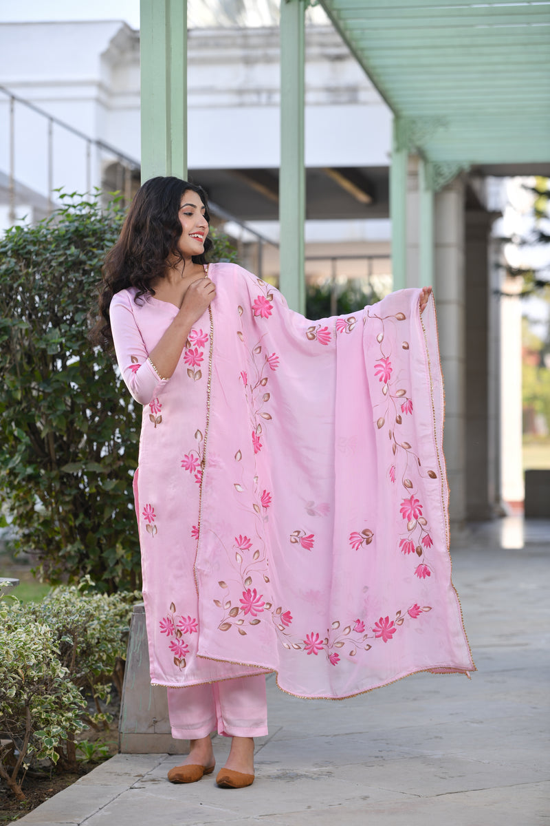 Panache Pink Straight Fit Handpainted Silk Suit Set
