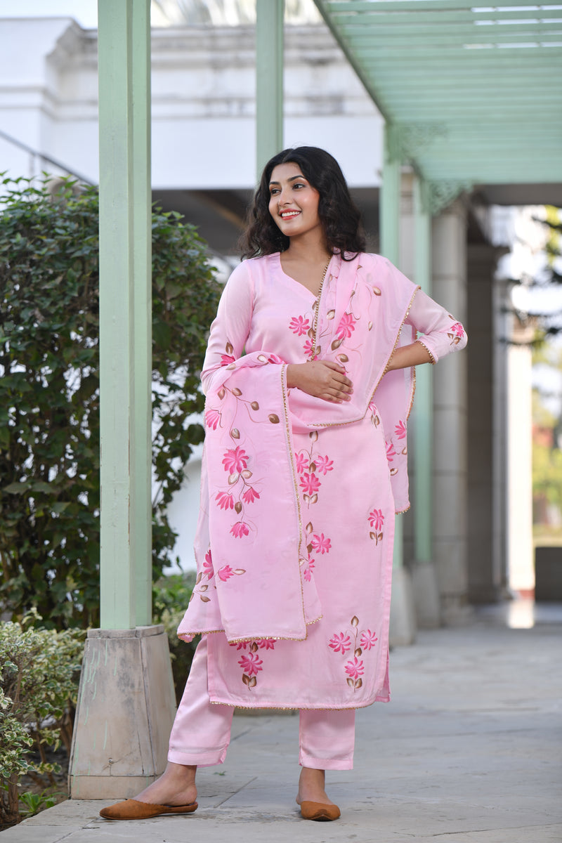 Panache Pink Straight Fit Handpainted Silk Suit Set