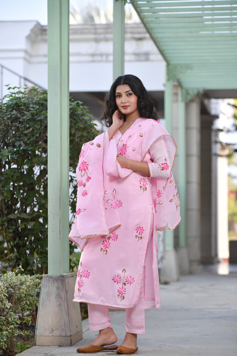 Panache Pink Straight Fit Handpainted Silk Suit Set