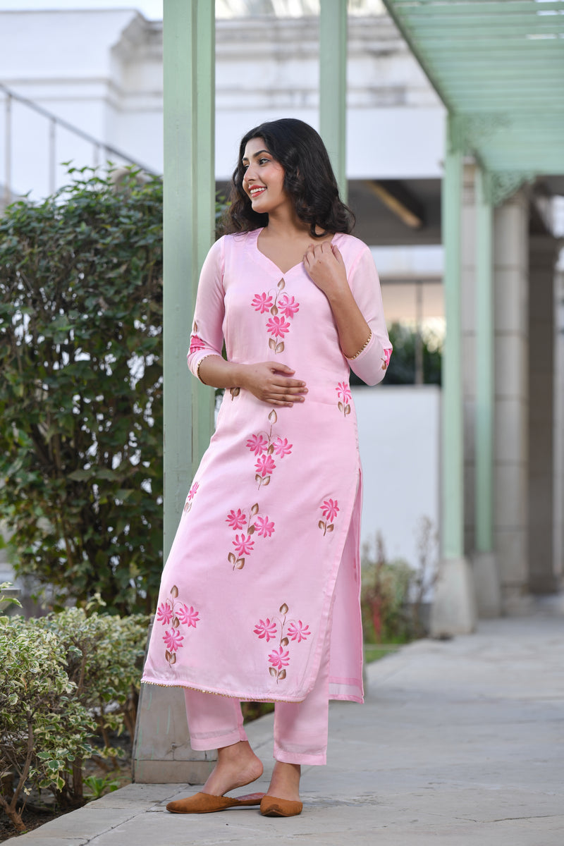 Panache Pink Straight Fit Handpainted Silk Suit Set