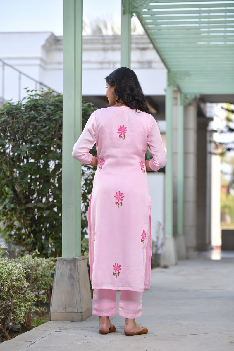 Panache Pink Straight Fit Handpainted Silk Suit Set