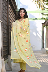 Yellow Suit-Classic Umberlla Gher Handpainted Silk Suit Set With Gota Detail