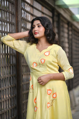 Yellow Suit-Classic Umberlla Gher Handpainted Silk Suit Set With Gota Detail