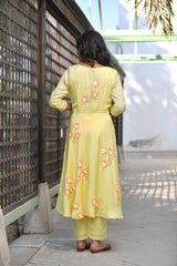 Yellow Suit-Classic Umberlla Gher Handpainted Silk Suit Set With Gota Detail