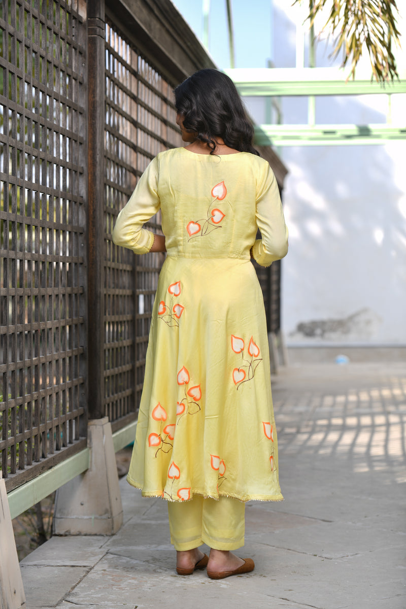 Yellow Suit-Classic Umberlla Gher Handpainted Silk Suit Set With Gota Detail